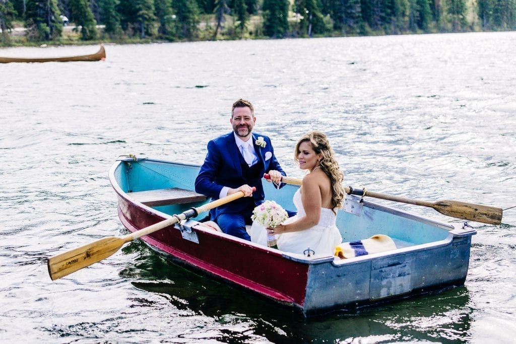 Bride and Groom on a boat photos in Jasper