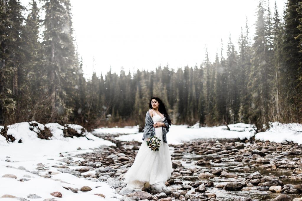 Bride in snow in Jasper National Park